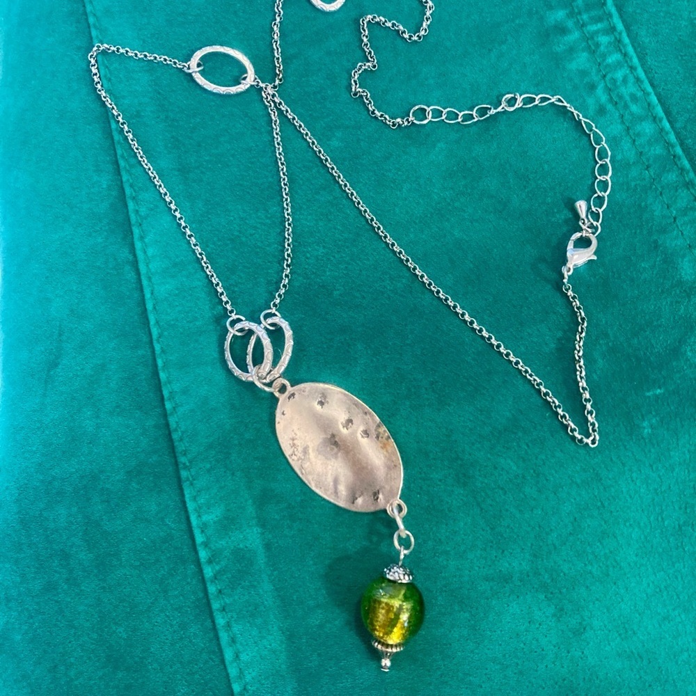 Necklace with southwestern flair, single green bead in silver, with silver chain